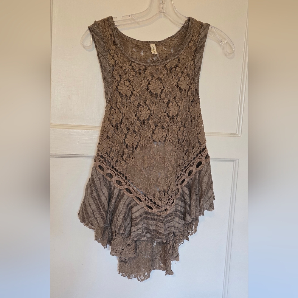 Free People Brown Lace & Striped Tank